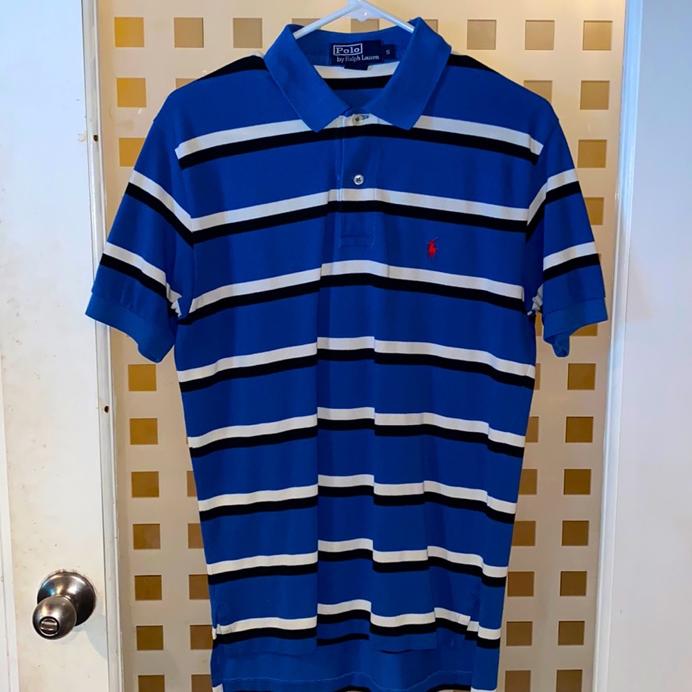 Blue, black, white striped Polo with red emblem